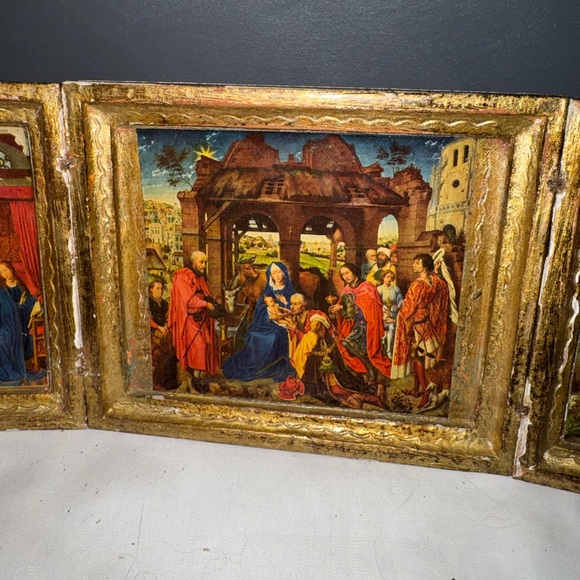 Set 2 vintage Florentine tri fold picture religious mini framed Jesus WOW - Picture 4 of 4